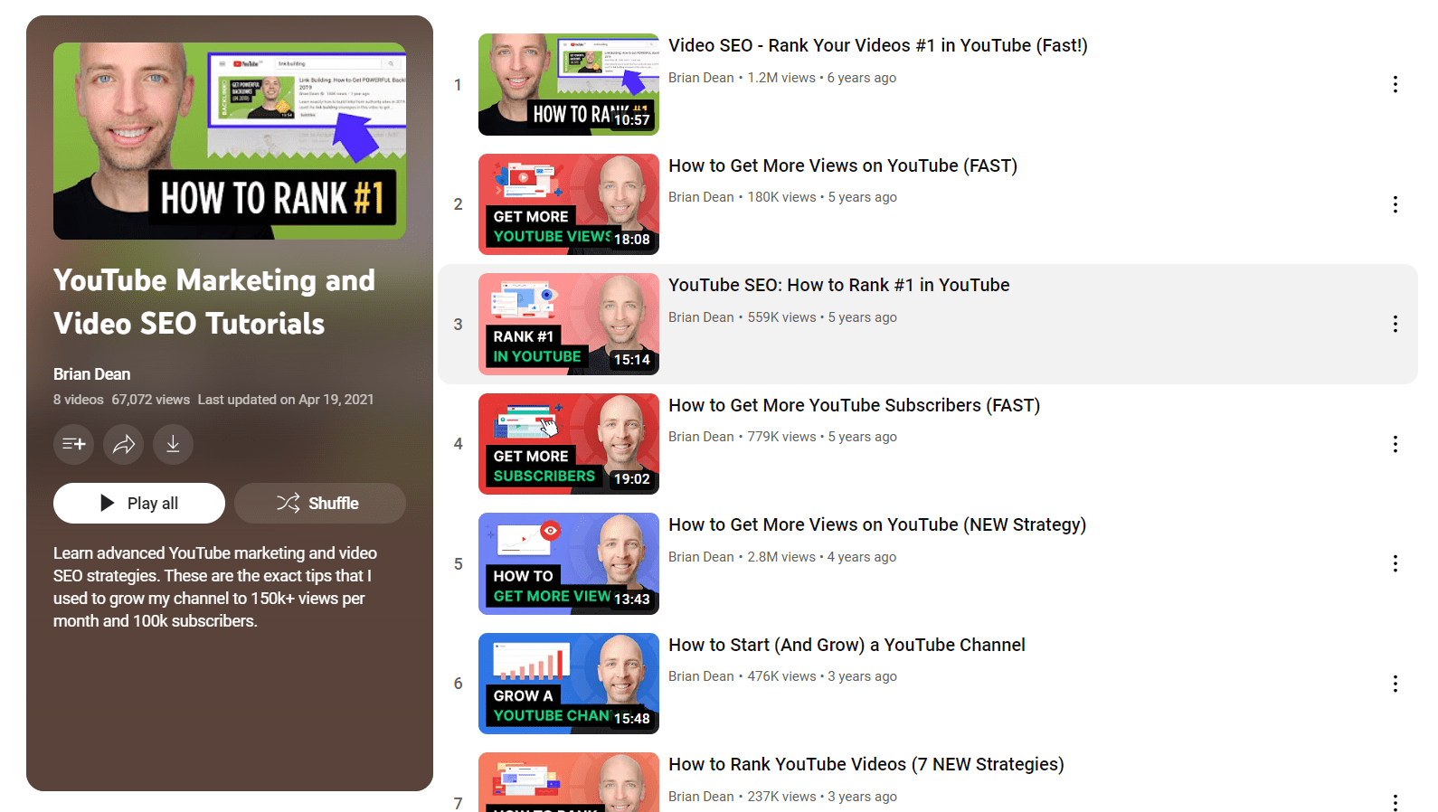 brian dean youtube seo playlist